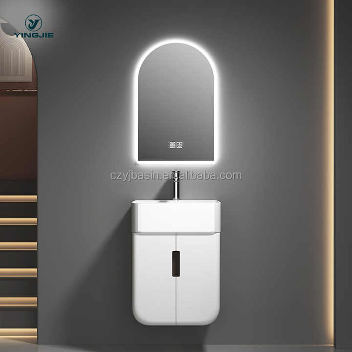 Bộ đồ dùng phòng tắm gắn tường bằng nhựa PVC màu trắng có cạnh bo tròn, bồn rửa bằng gốm, đèn điều khiển cảm ứng