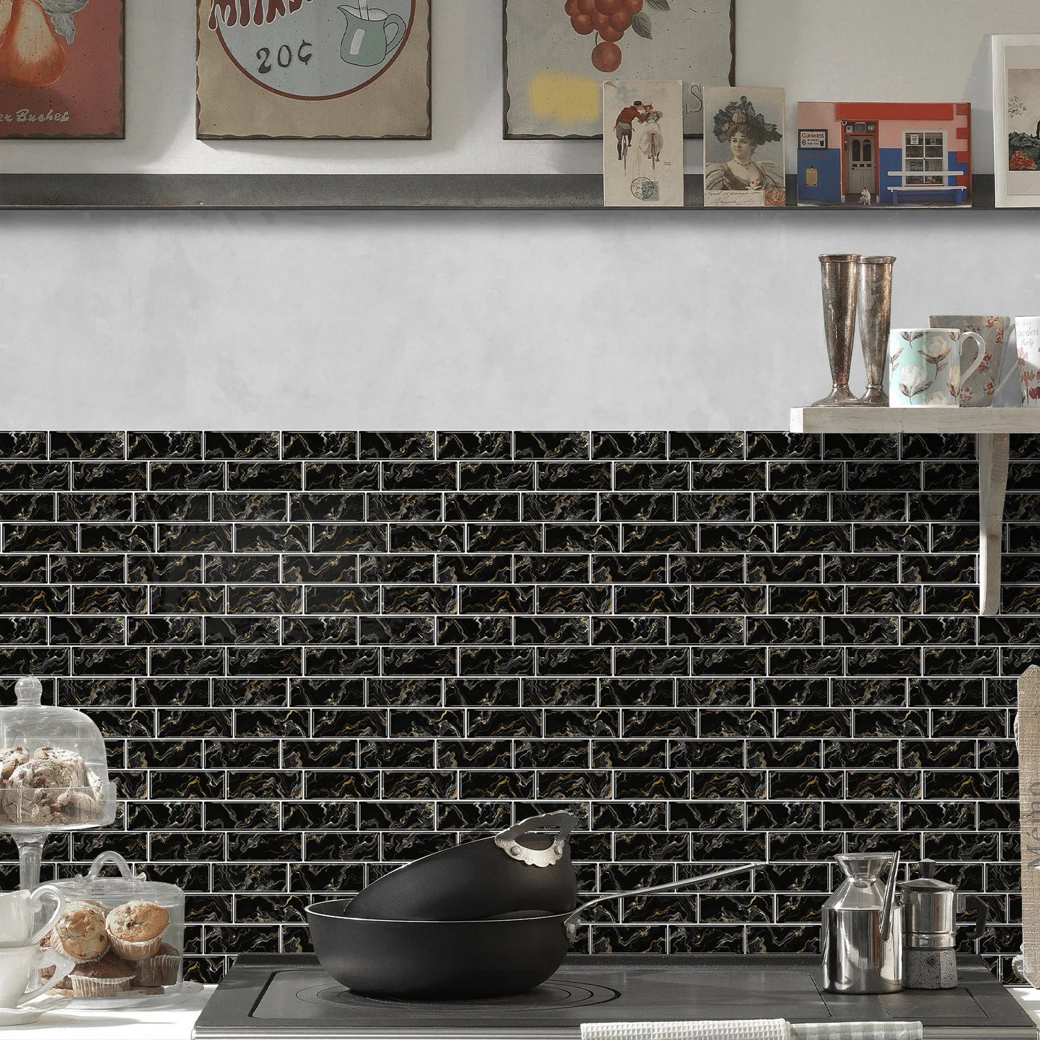 12PCS/Set Green Ceramic Tile Marble Waterproof Self-Adhesive PVC Wall Stickers, Kitchen Backsplash Oil Resistant Home Decoration