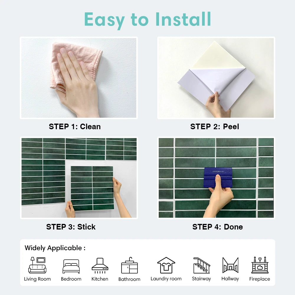 1/10pcs 3D Tile Sticker Self-adhesive Green Tile Backsplash Bathroom Wall Tile Sticker, Water and Mold Resistant, 30x30cm