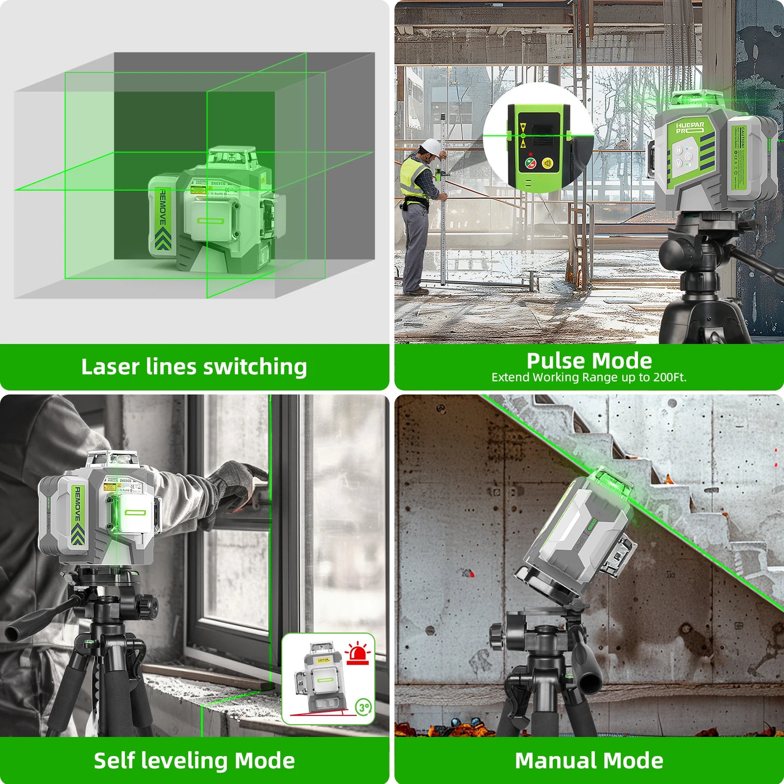 Huepar Máy Laser Dòng 12 Đường 3D Xanh Chính Xác 2mm 10m