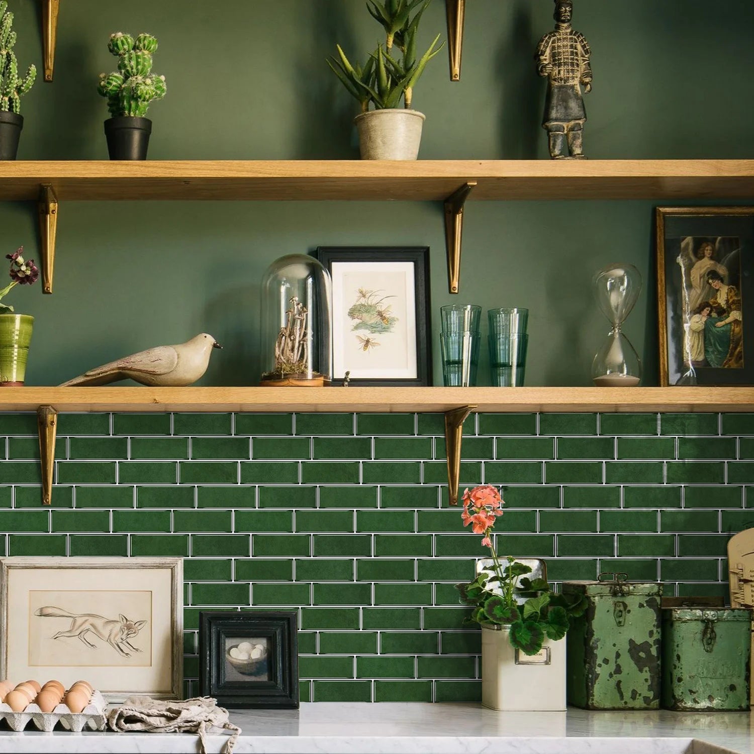 12PCS/Set Green Ceramic Tile Marble Waterproof Self-Adhesive PVC Wall Stickers, Kitchen Backsplash Oil Resistant Home Decoration