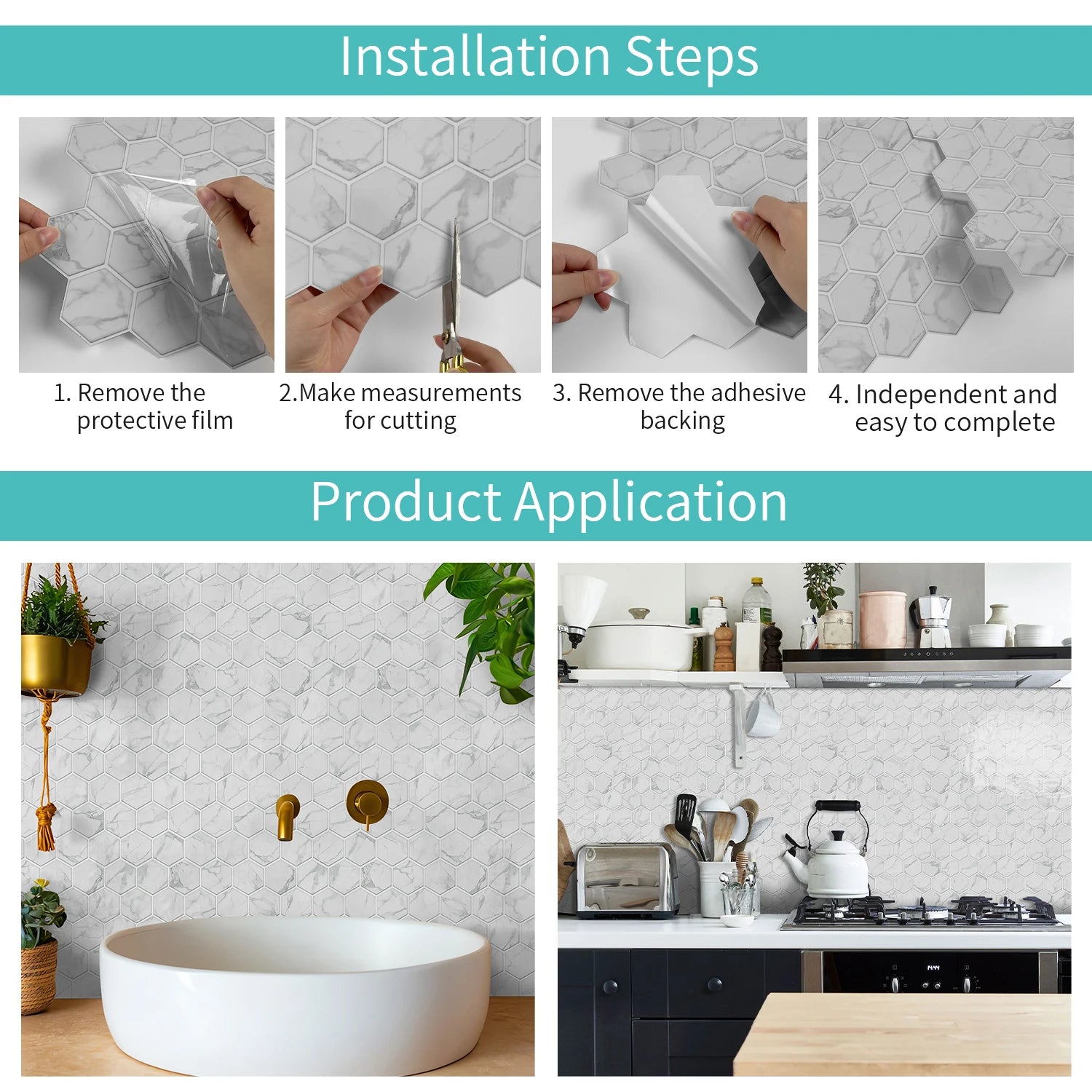 12PCS/Set Green Ceramic Tile Marble Waterproof Self-Adhesive PVC Wall Stickers, Kitchen Backsplash Oil Resistant Home Decoration