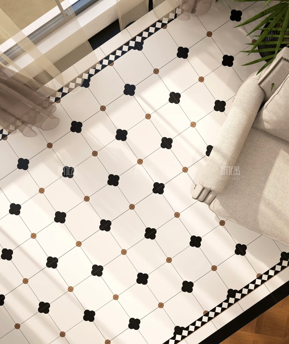 Sunnda Phong cách Ý Trắng Đen Hiện đại Mộc mạc Họa tiết Hoa văn Gạch viền sứ 300x300mm Kháng khuẩn Chống trơn trượt Tường Biệt thự
