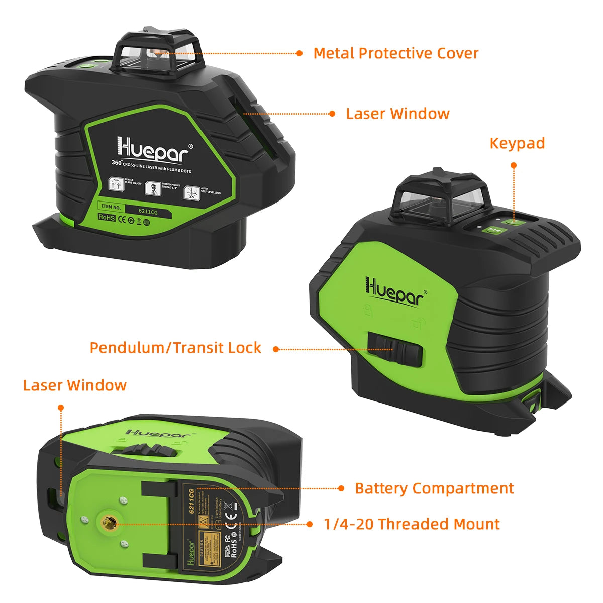 Huepar Laser 5 Tia Xanh Tu Dieu Cheo 2 Cham 360 Do 6211CG
