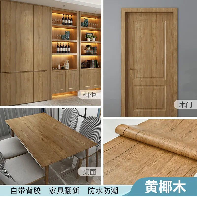 Adhesive Wallpaper Roll with 10 Meters Waterproof Wood Grain Sticker Wardrobe Cabinet Desktop Door Furniture Renovation Stickers