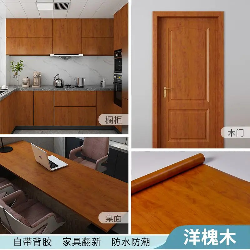 Adhesive Wallpaper Roll with 10 Meters Waterproof Wood Grain Sticker Wardrobe Cabinet Desktop Door Furniture Renovation Stickers