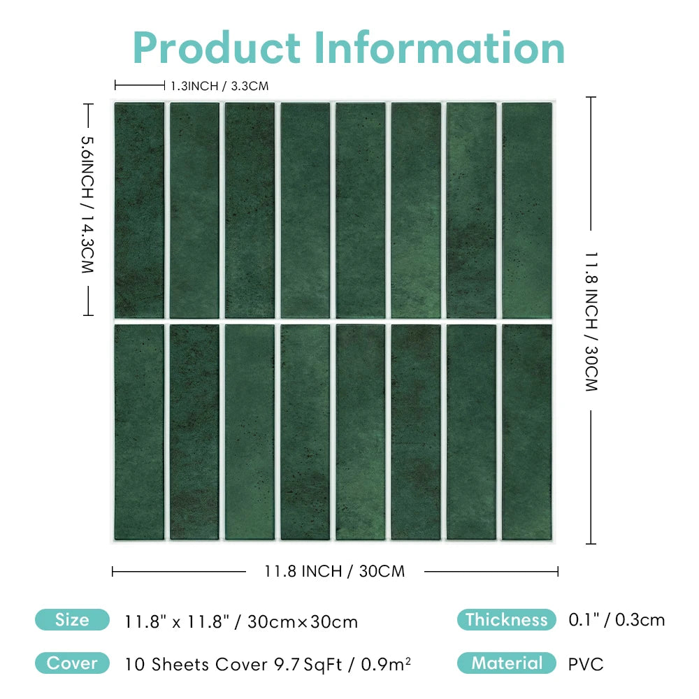 1/10pcs 3D Tile Sticker Self-adhesive Green Tile Backsplash Bathroom Wall Tile Sticker, Water and Mold Resistant, 30x30cm
