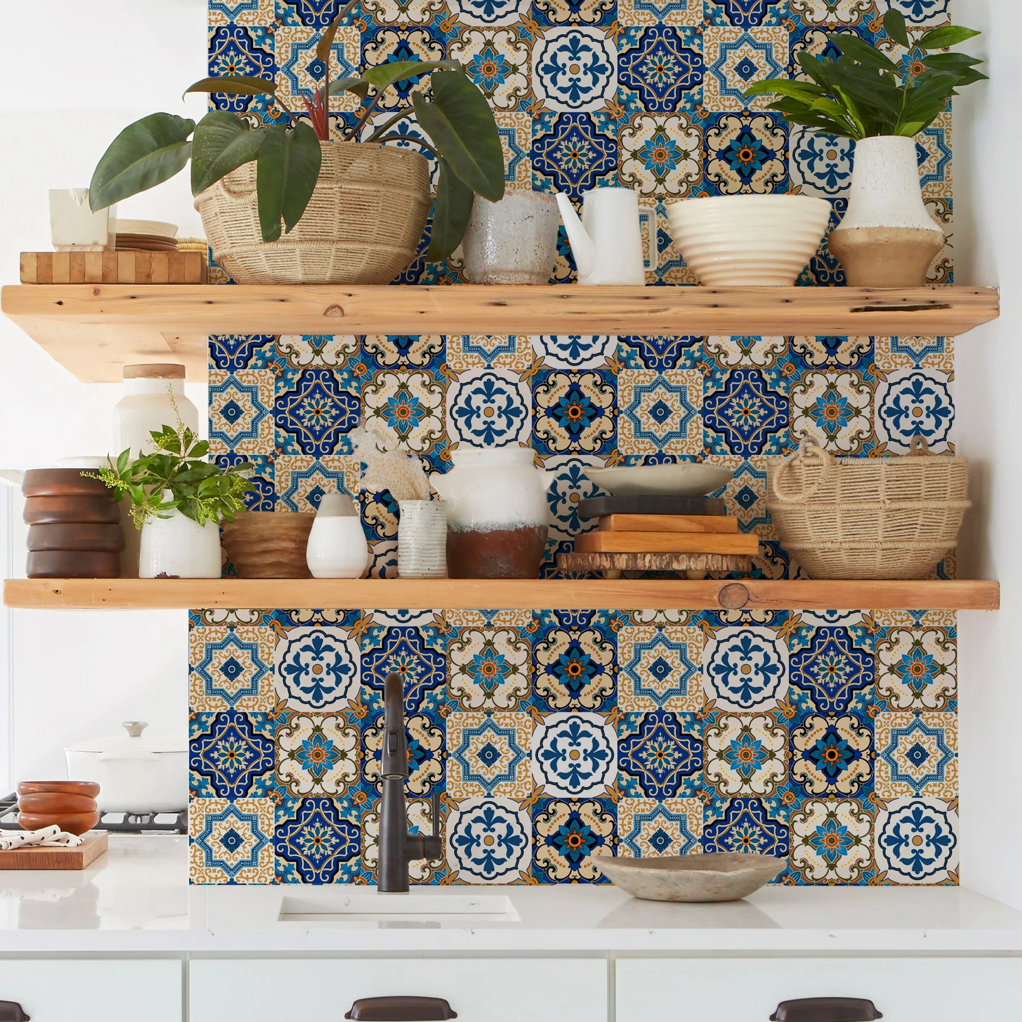 Tile Stickers Blue Brown Baroque Stylish Wallpaper Self Adhesive Wall Tiles Waterproof Bathroom Oil Resistant Kitchen Tiles DIY