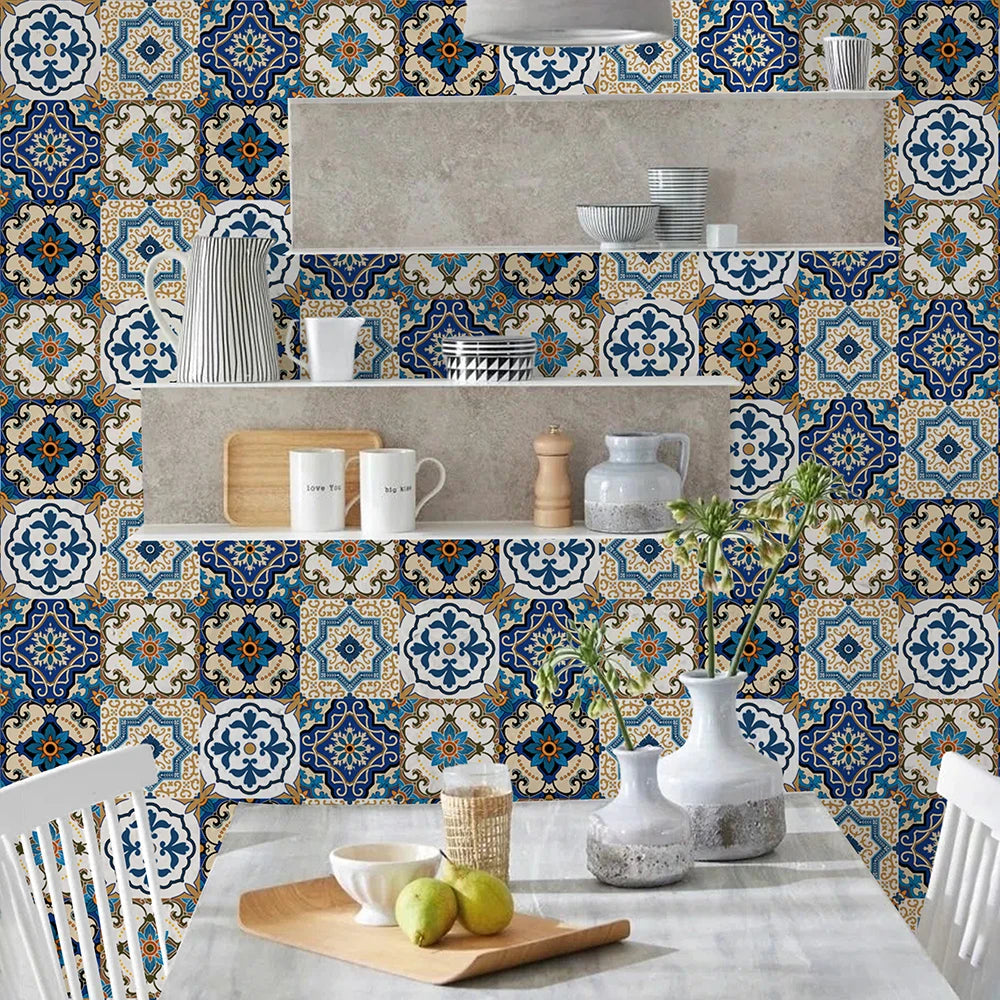 Tile Stickers Blue Brown Baroque Stylish Wallpaper Self Adhesive Wall Tiles Waterproof Bathroom Oil Resistant Kitchen Tiles DIY