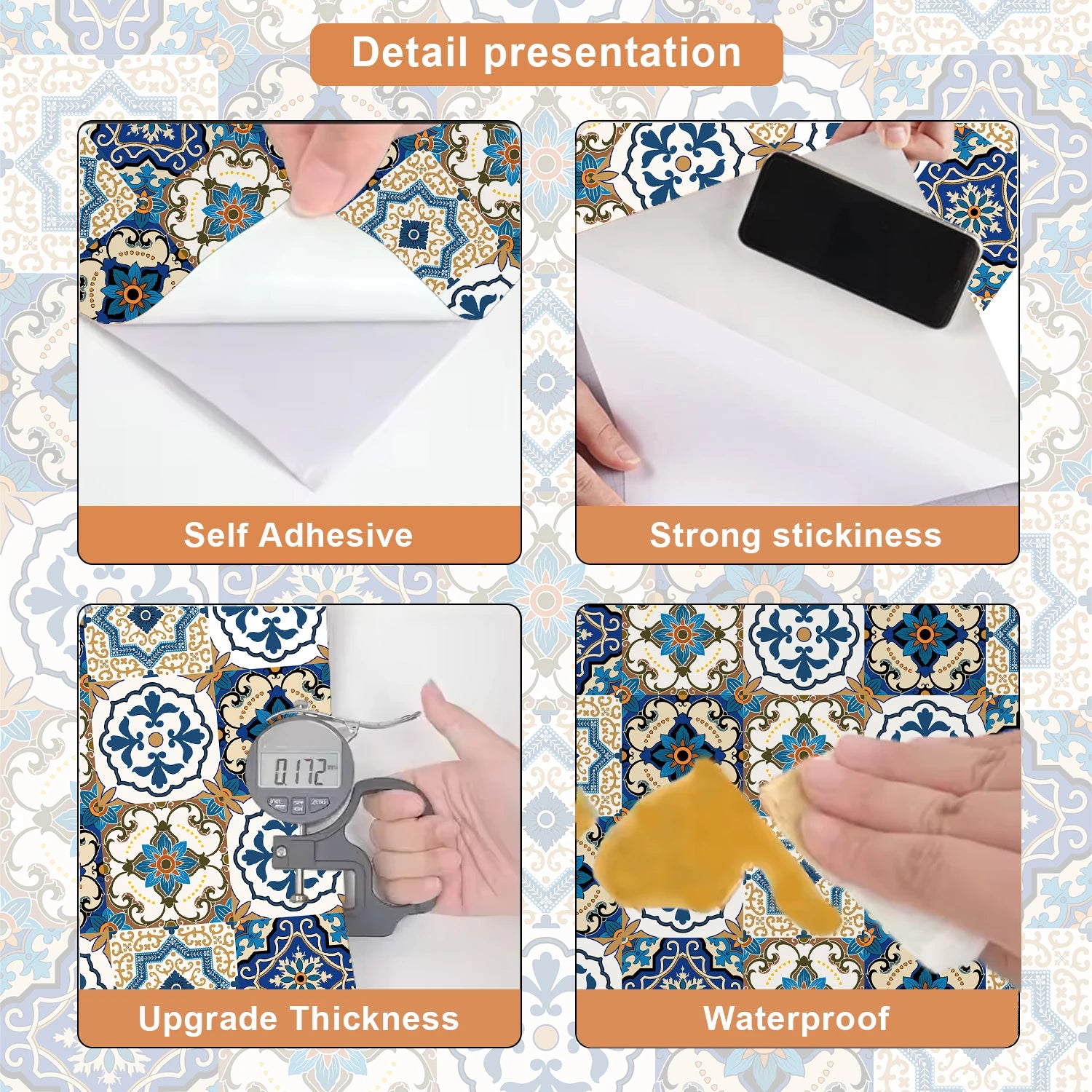 Tile Stickers Blue Brown Baroque Stylish Wallpaper Self Adhesive Wall Tiles Waterproof Bathroom Oil Resistant Kitchen Tiles DIY