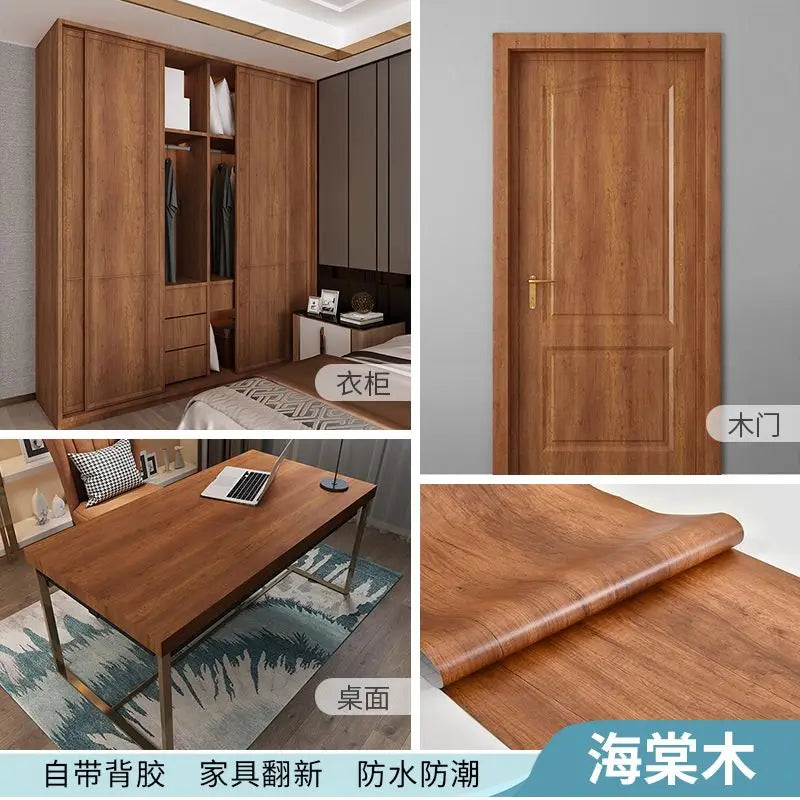 Adhesive Wallpaper Roll with 10 Meters Waterproof Wood Grain Sticker Wardrobe Cabinet Desktop Door Furniture Renovation Stickers