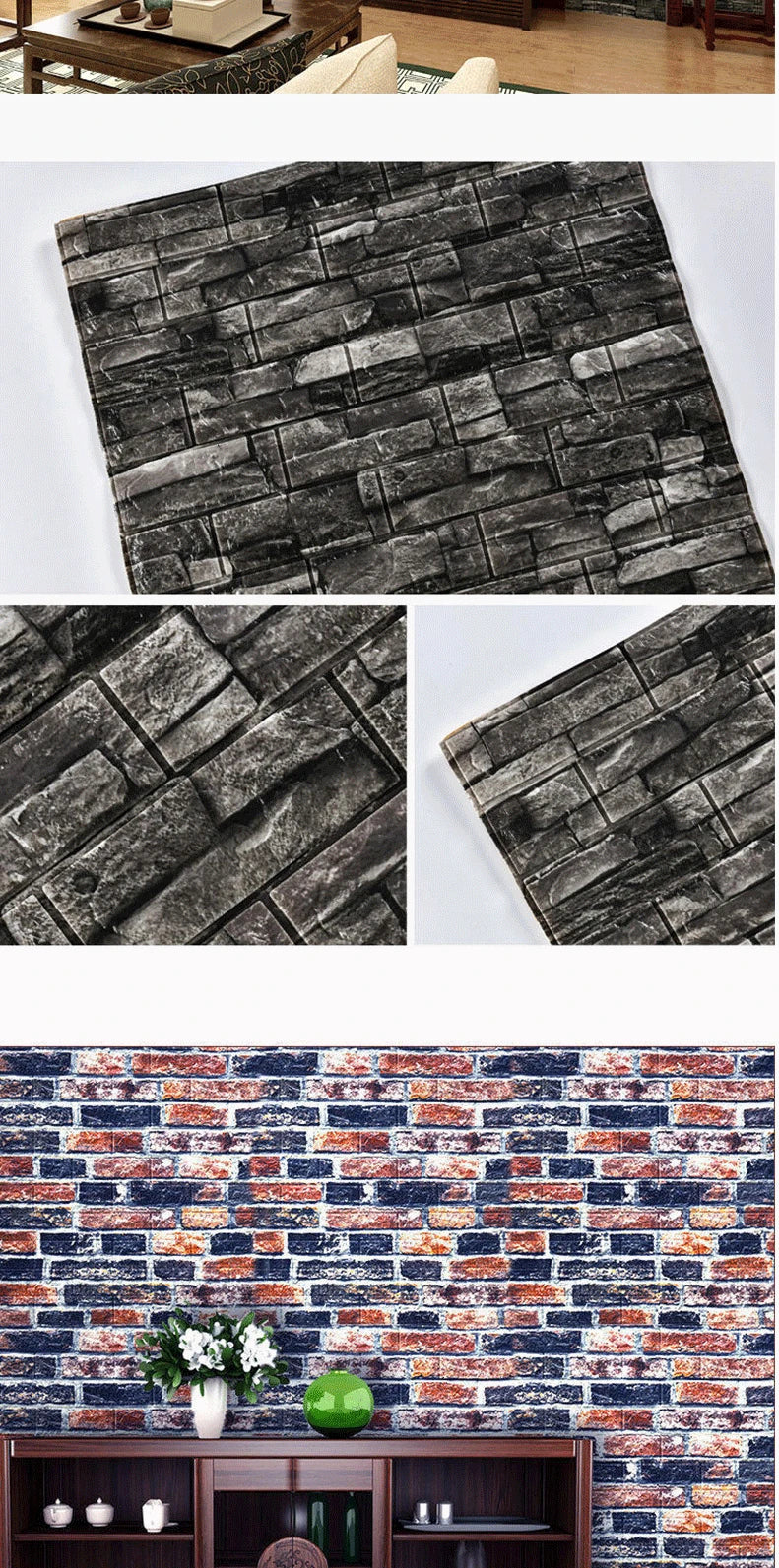 70cm*1m 3D Self-Adhesive decor Wallpaper Continuous Waterproof Brick Wall Stickers Living Room Bedroom old wall Home Decoration