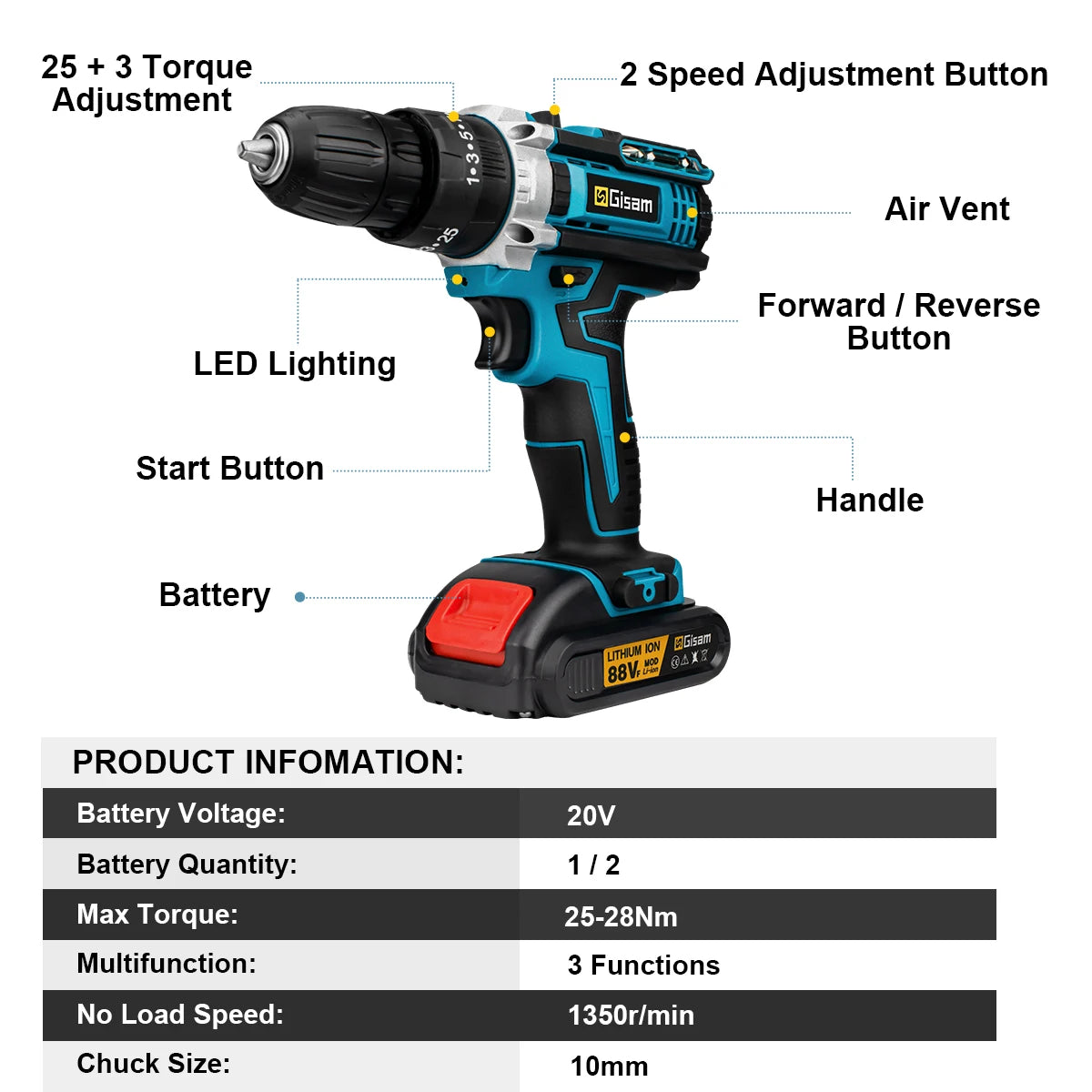 Gisam Máy Khoan Không Dây Pin Li Ion 28NM Cam Tay Tiện Dụng