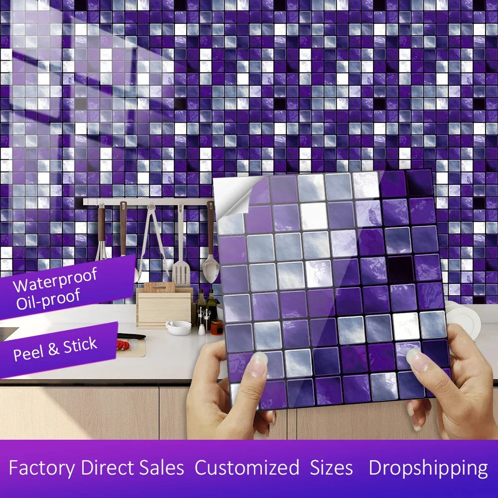 10 Miếng Dán Gạch Mosaic Tím Dán Dính 2D Cho Bếp Phòng Tắm