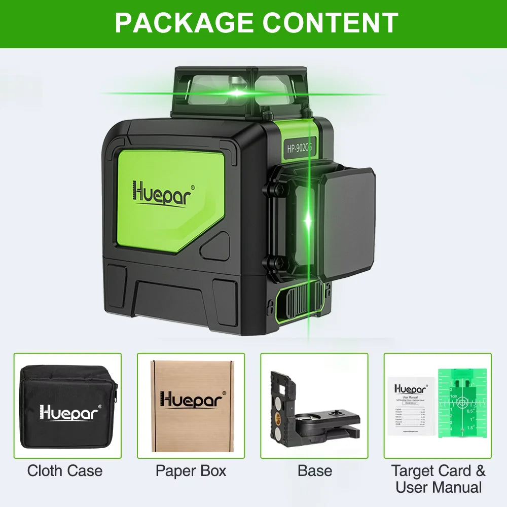 Huepar 902CG Laser Cross 2x360 Tự Cân Xanh Pulse Và Giá Đỡ