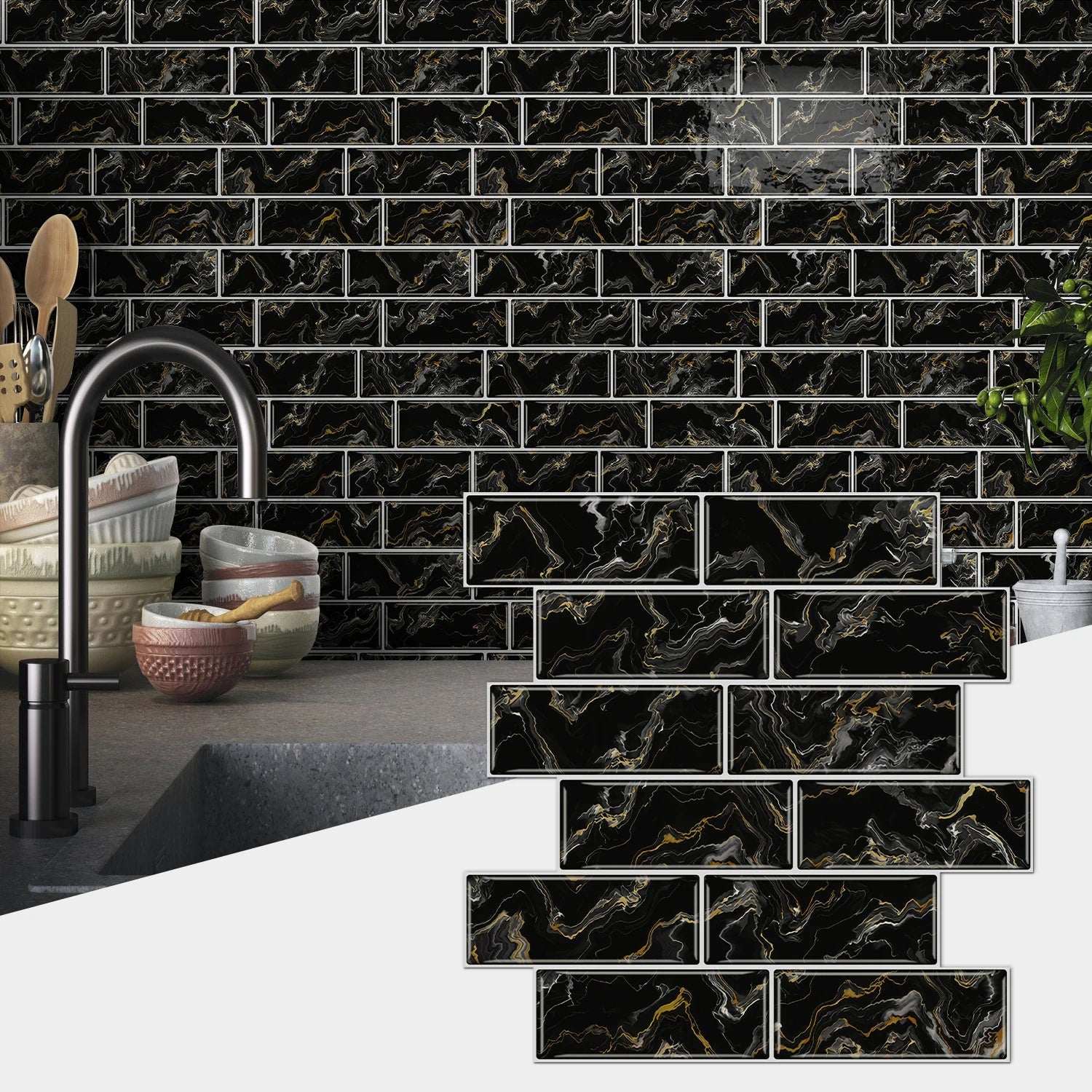12PCS/Set Green Ceramic Tile Marble Waterproof Self-Adhesive PVC Wall Stickers, Kitchen Backsplash Oil Resistant Home Decoration