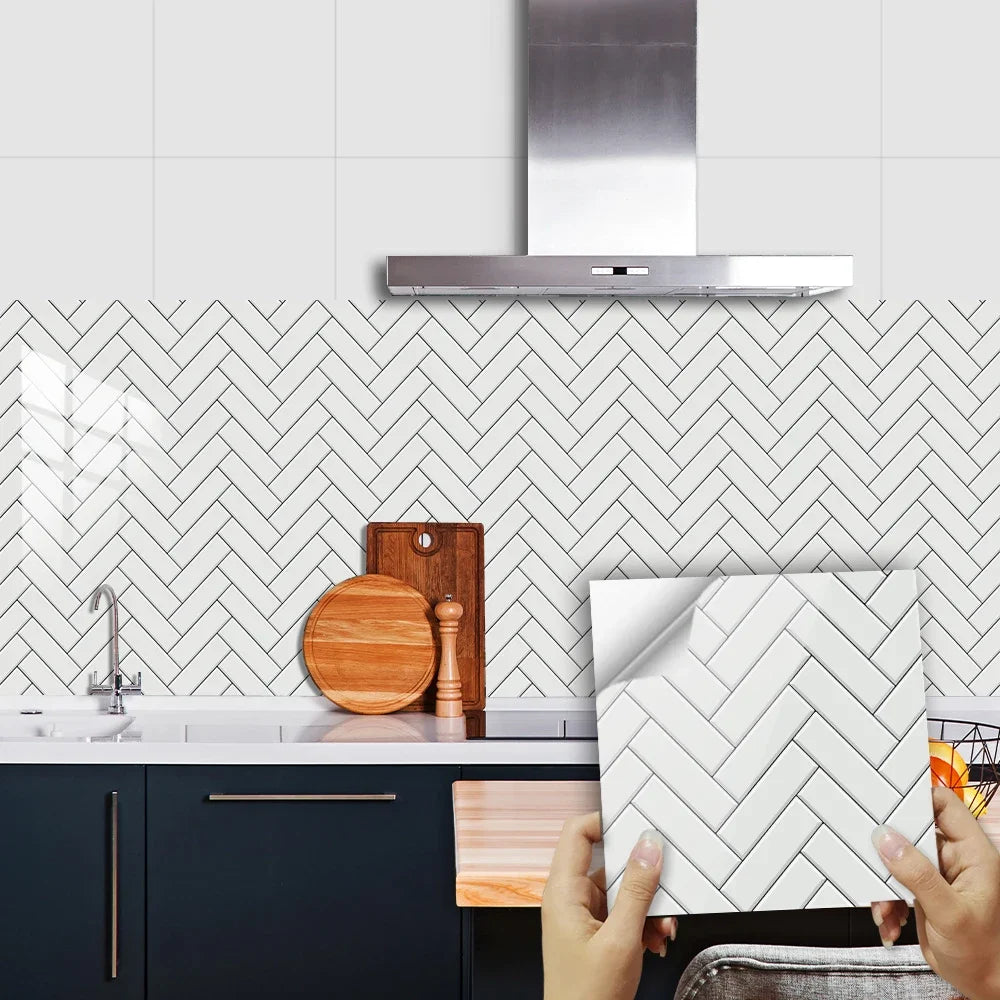 Bộ 10 Miếng Dán Gạch Treo Tường Trắng Xám Chống Thấm Bếp