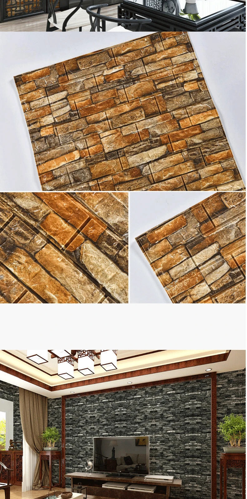 70cm*1m 3D Self-Adhesive decor Wallpaper Continuous Waterproof Brick Wall Stickers Living Room Bedroom old wall Home Decoration