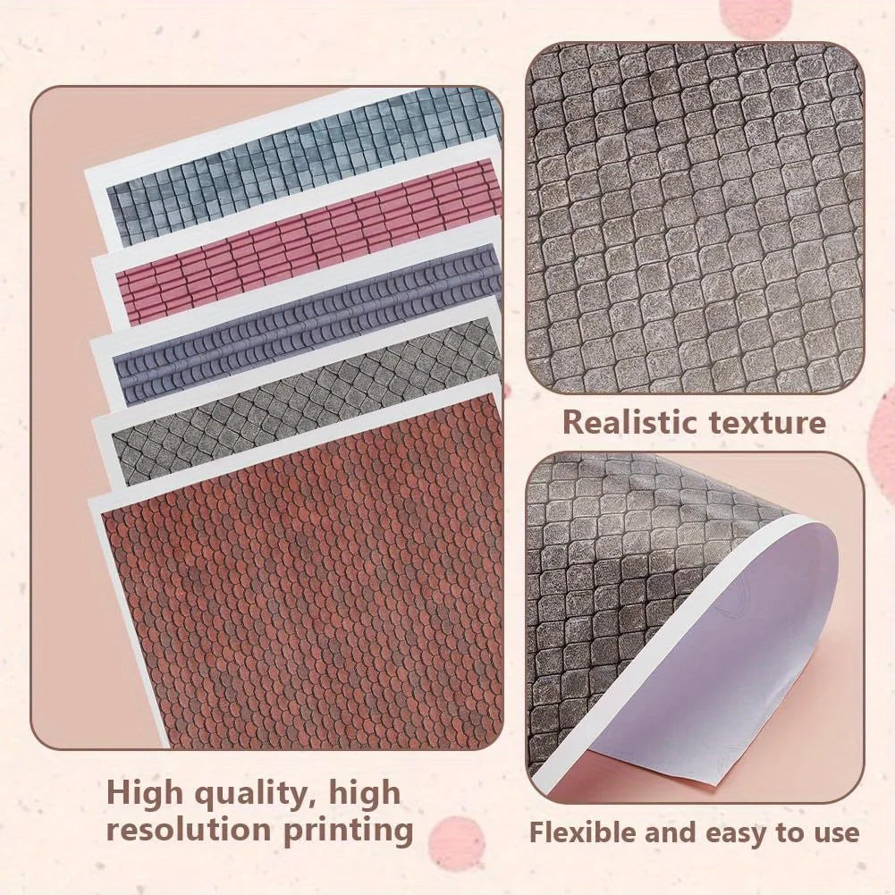 1sheet Self-Adhesive Decorative Film Roof Tiles for Model, 1:12 Miniature Roof Tiles Paper, Film Roof Tiles for Model Making