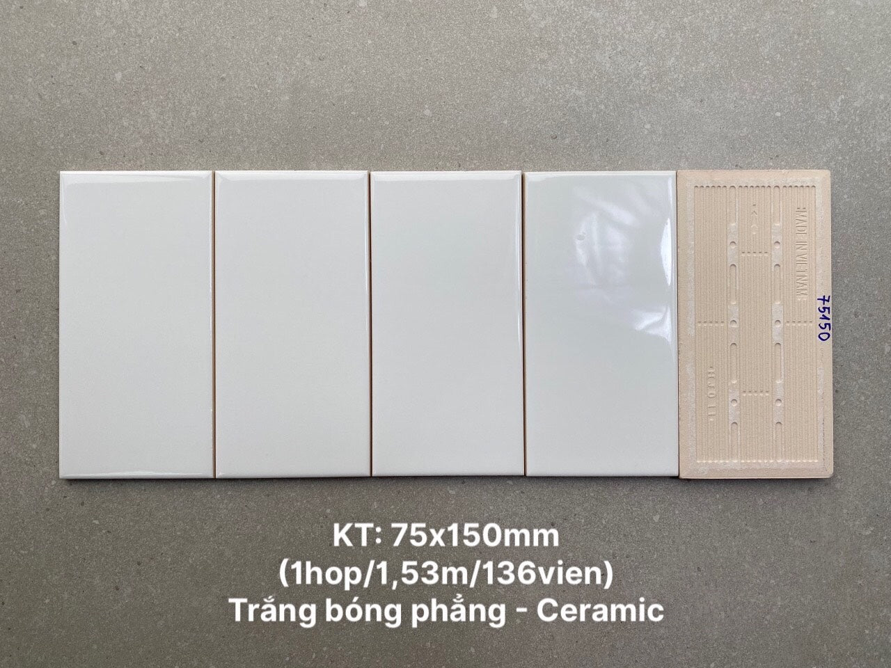 Gạch thẻ Việt Nam  KT 75x150mm trắng bóng phẳng loại 1  mã STA75150