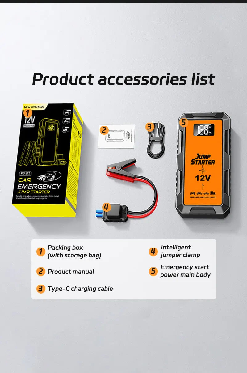 12V Screen Safety Hammer Car Starting Device Car Jump Starter 4000A Power Bank Car Wireless Tire Inflator Pump Air Compressor