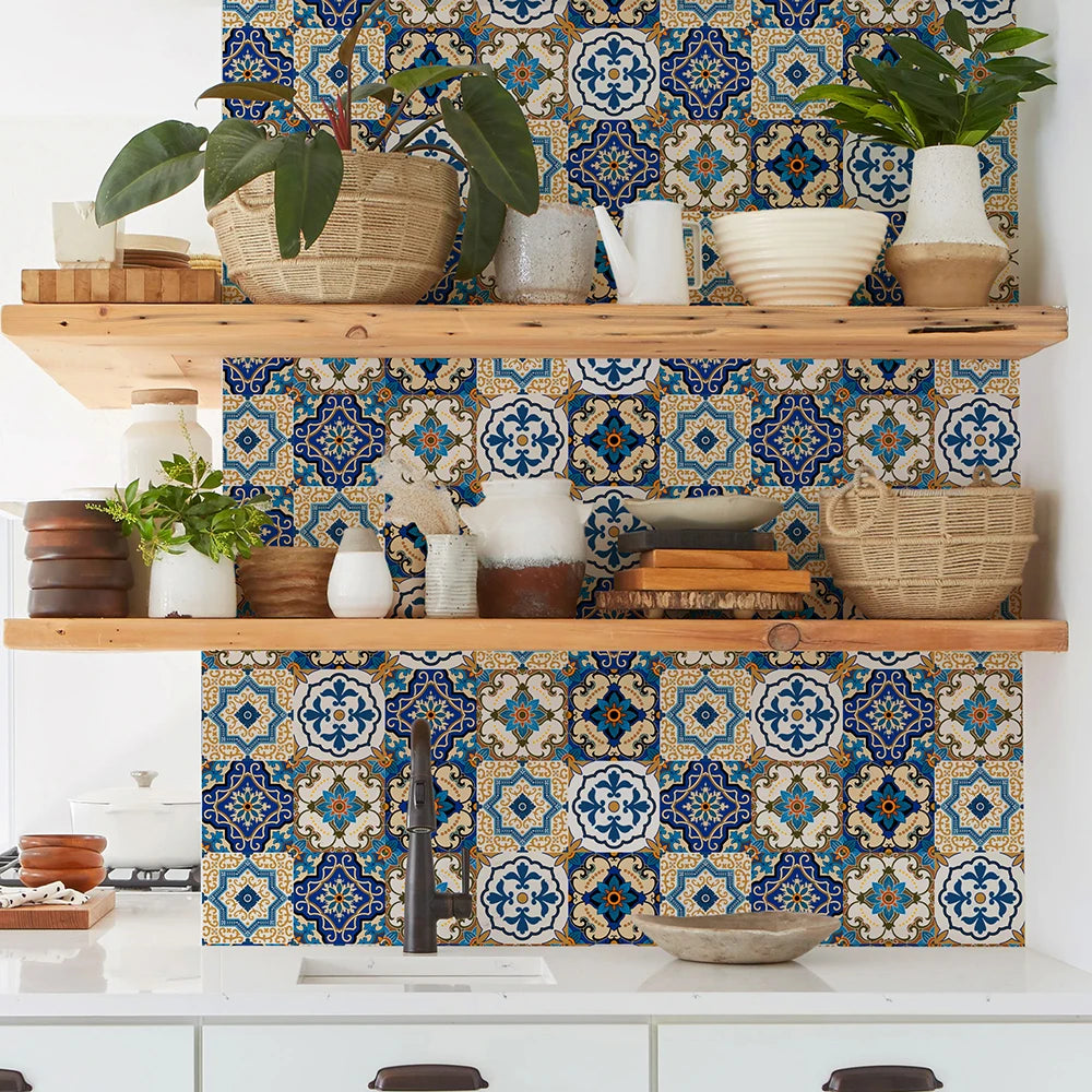 Tile Stickers Blue Brown Baroque Stylish Wallpaper Self Adhesive Wall Tiles Waterproof Bathroom Oil Resistant Kitchen Tiles DIY