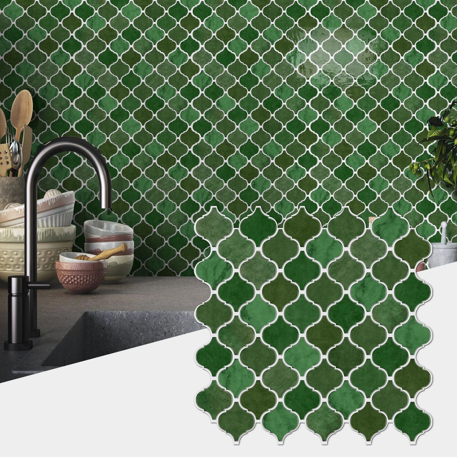 12PCS/Set Green Ceramic Tile Marble Waterproof Self-Adhesive PVC Wall Stickers, Kitchen Backsplash Oil Resistant Home Decoration