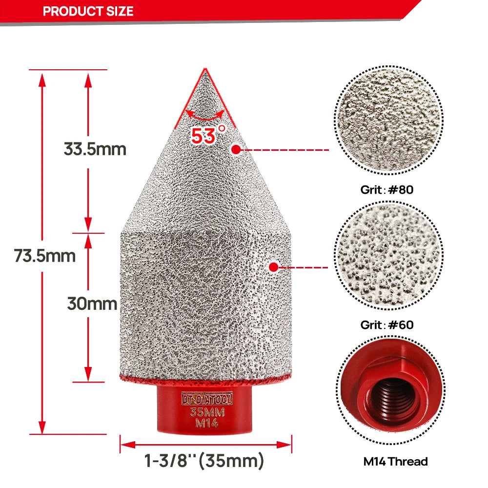 DT-DIATOOL 20/25/35/50mm Diamond Chamfering Drilling Bit M10 M14 5/8"11 Hole Saw Beveling Porcelain Tile Marble Stone Masonry
