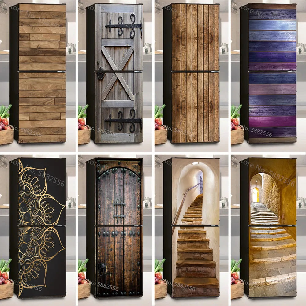 28 Styles For Choice Wood Grain Retro Refrigerator Sticker Peel & Stick Waterproof Double Door Freezer Cupboard Decor Art Mural