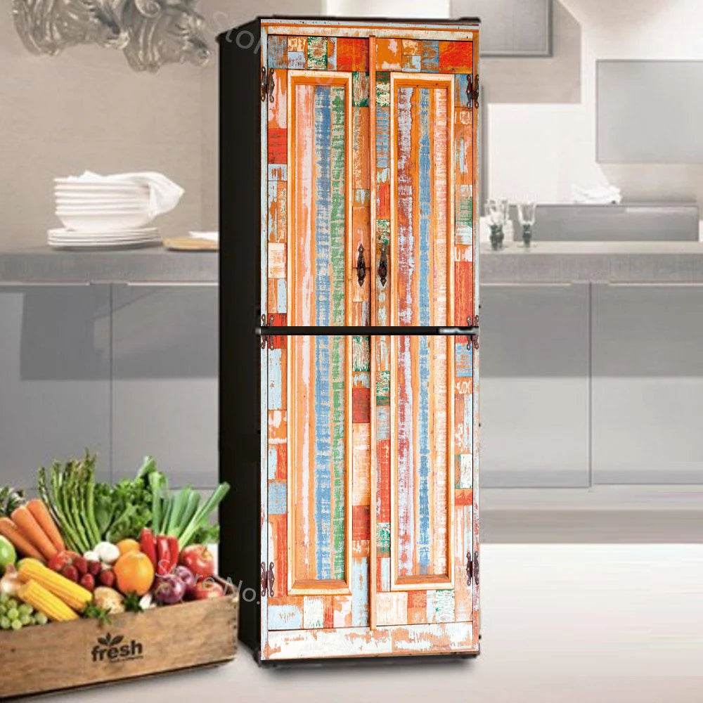 28 Styles For Choice Wood Grain Retro Refrigerator Sticker Peel & Stick Waterproof Double Door Freezer Cupboard Decor Art Mural
