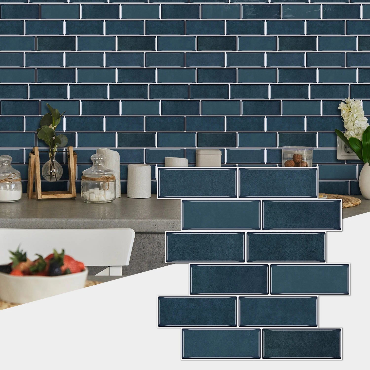 12PCS/Set Green Ceramic Tile Marble Waterproof Self-Adhesive PVC Wall Stickers, Kitchen Backsplash Oil Resistant Home Decoration