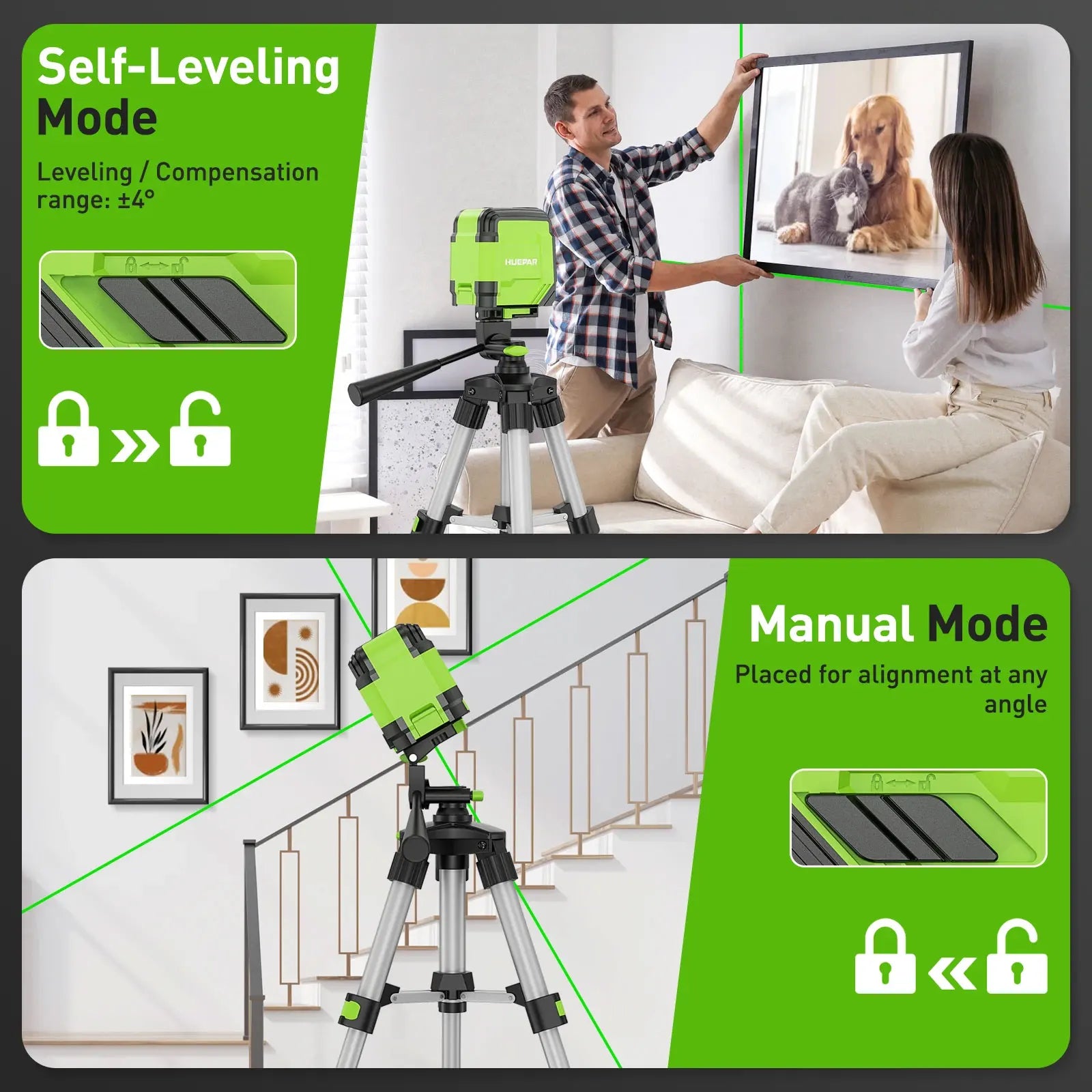 Huepar Laser 2 Đường Cross Line 0.65m Tripod Osram Tự Cân