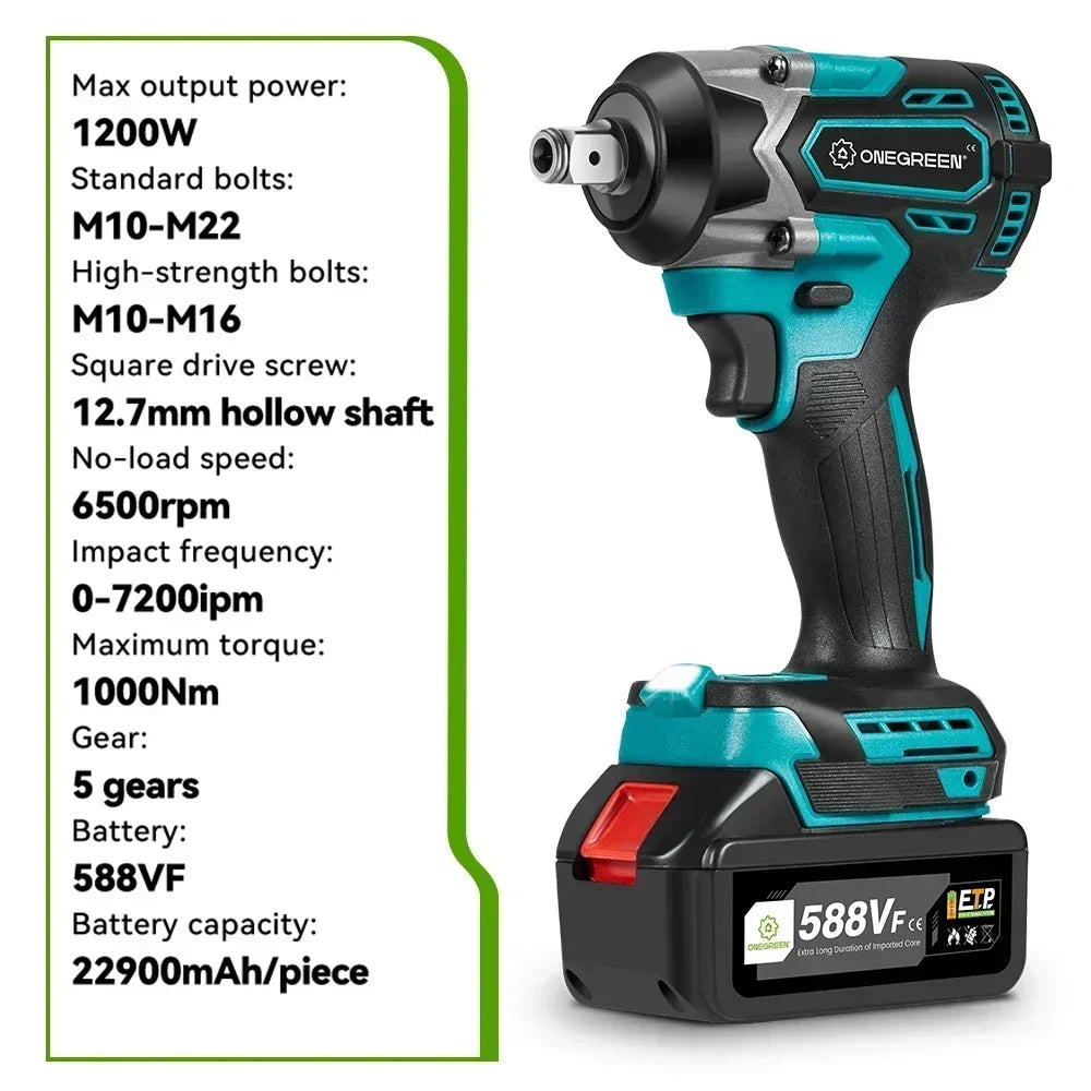 ONEGREEN Cờ Lê Đập Điện Không Dây 1/2 Inch 1000 Nm Brushless