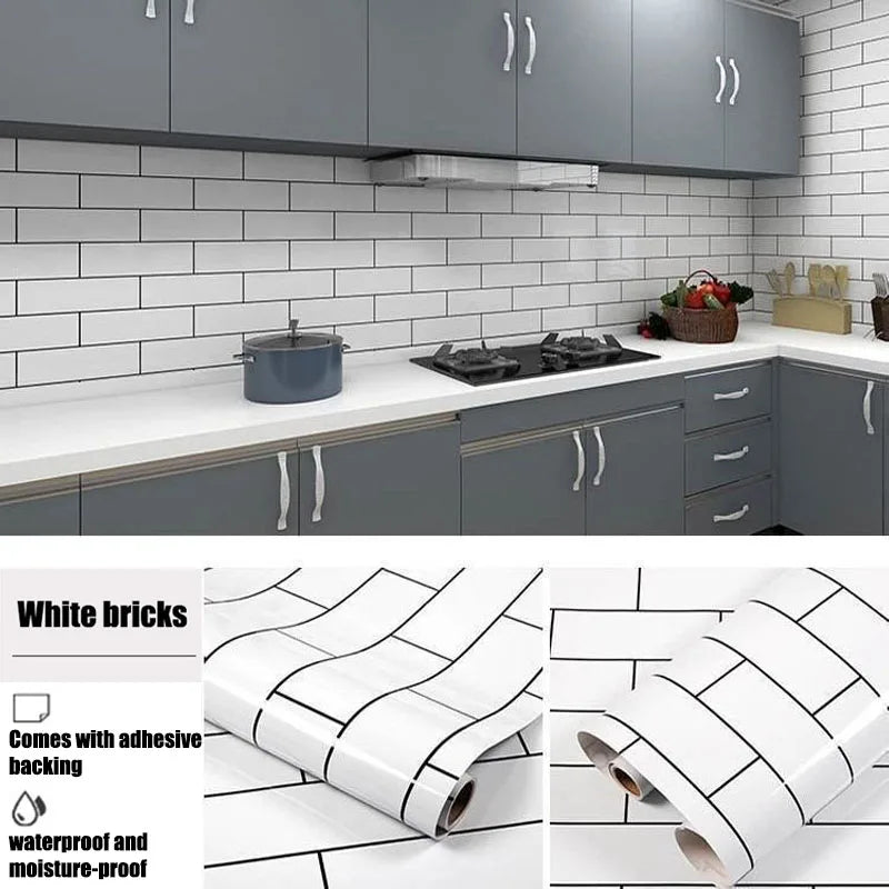 White Brick Adhesive Wall Wallpaper Waterproof and Oil Resistant Kitchen Cabinets Wallpaper High Temperature Resistance 40cm