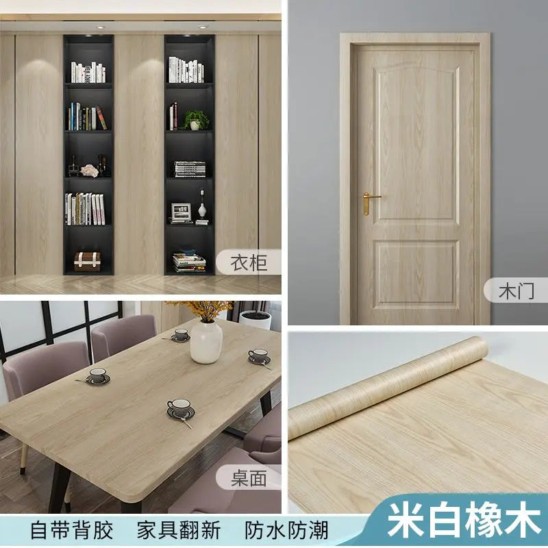 Adhesive Wallpaper Roll with 10 Meters Waterproof Wood Grain Sticker Wardrobe Cabinet Desktop Door Furniture Renovation Stickers