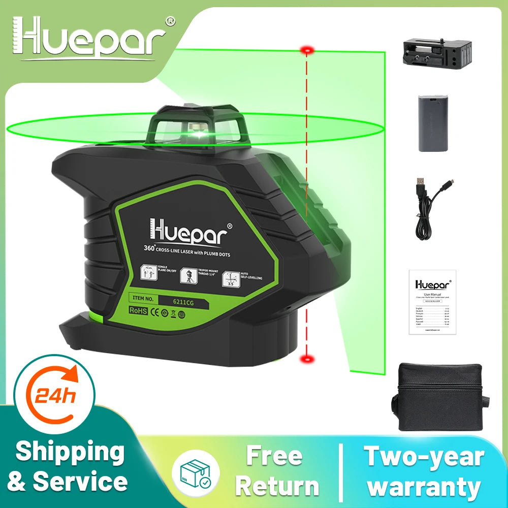 Huepar Laser 5 Tia Xanh Tu Dieu Cheo 2 Cham 360 Do 6211CG