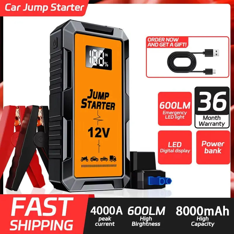 12V Screen Safety Hammer Car Starting Device Car Jump Starter 4000A Power Bank Car Wireless Tire Inflator Pump Air Compressor