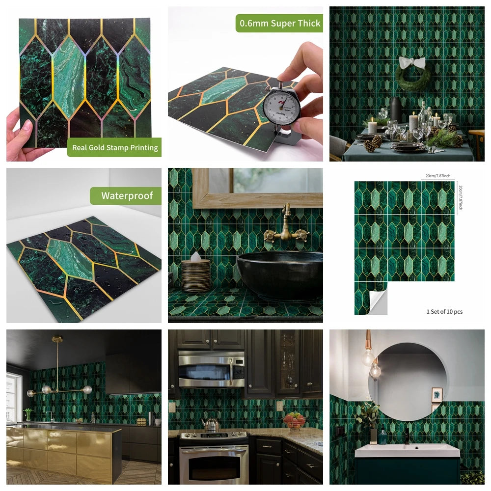 Bricks Waterproof Wallpapers 20pcs/lot Green Bronzing Mosaic Tile Stickers Bedroom Living Room Home Decoration Wall Stickers