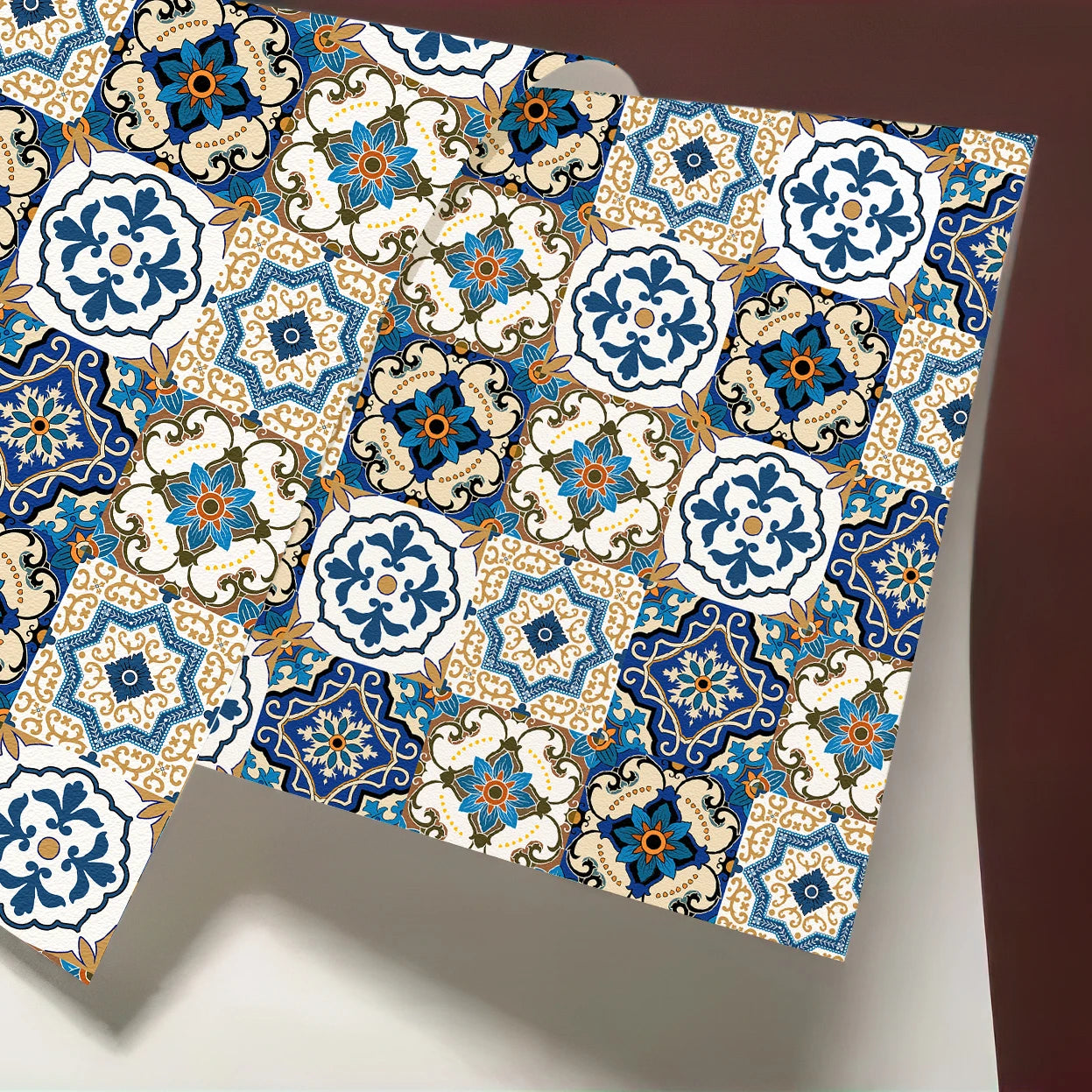 Tile Stickers Blue Brown Baroque Stylish Wallpaper Self Adhesive Wall Tiles Waterproof Bathroom Oil Resistant Kitchen Tiles DIY