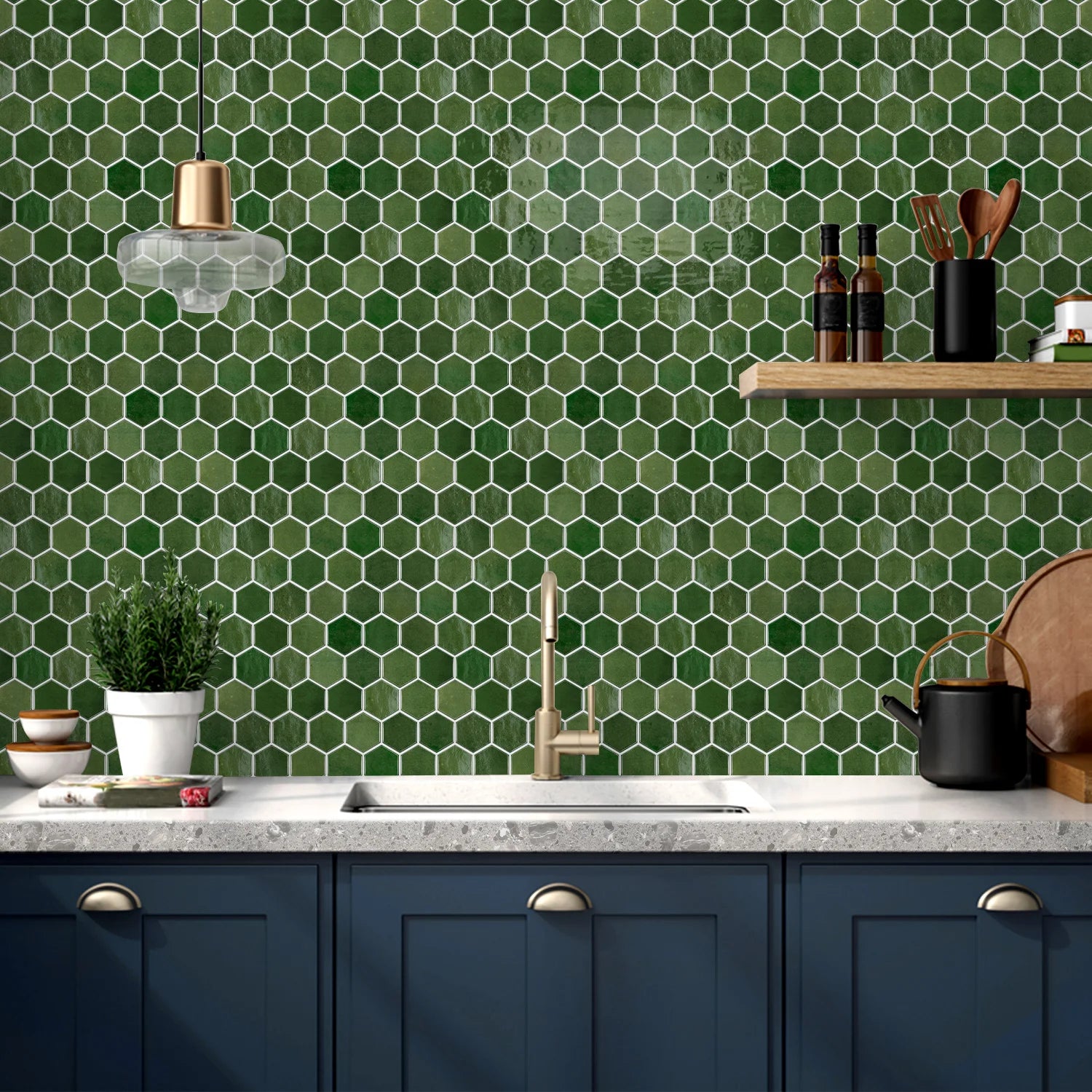 12PCS/Set Green Ceramic Tile Marble Waterproof Self-Adhesive PVC Wall Stickers, Kitchen Backsplash Oil Resistant Home Decoration