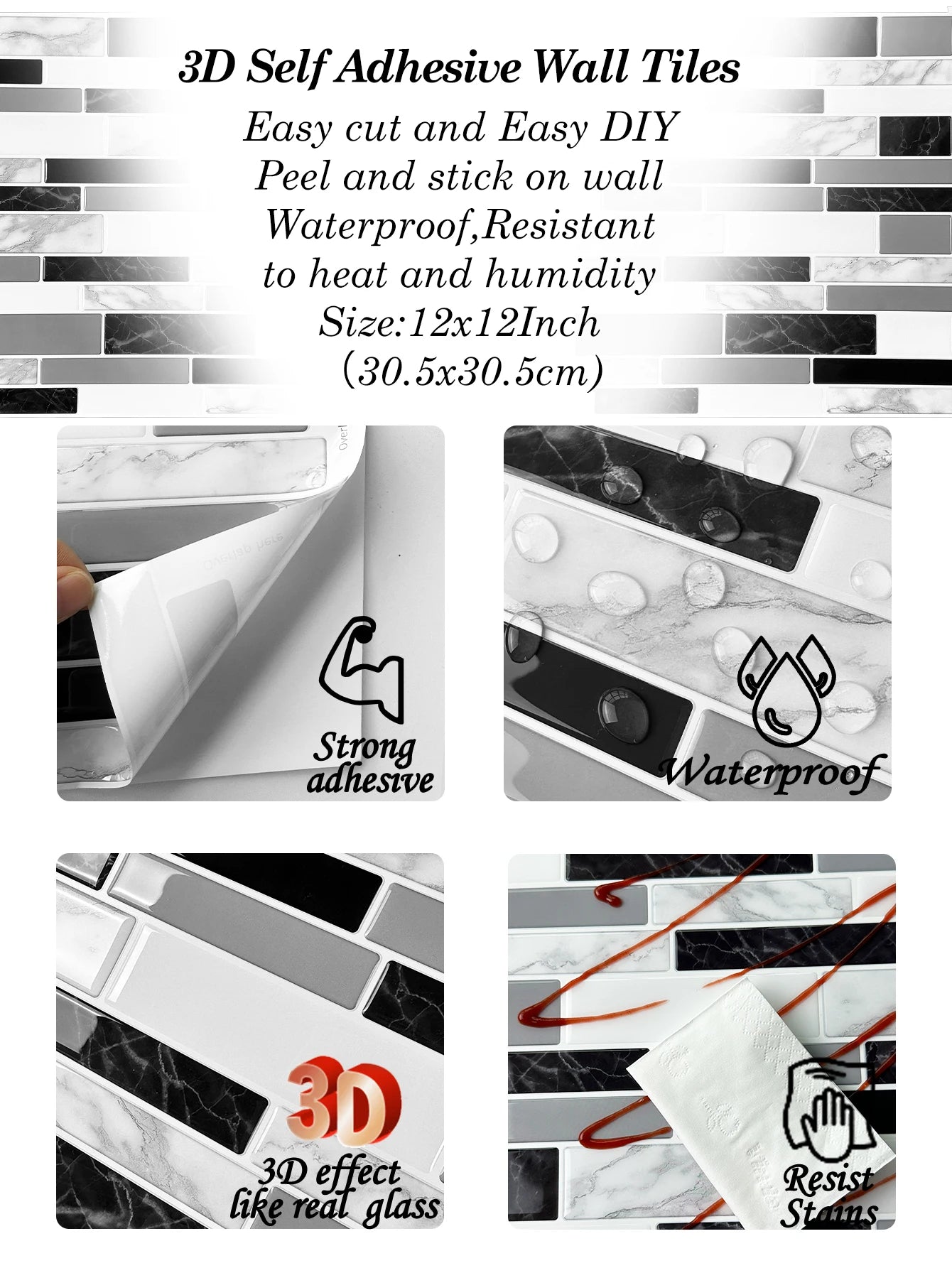 10 Sheets Kitchen & Bathroom Wall Stickers 3D Wall Tiles Peel and Stick Vinyl Wallpaper Modern Home Decor