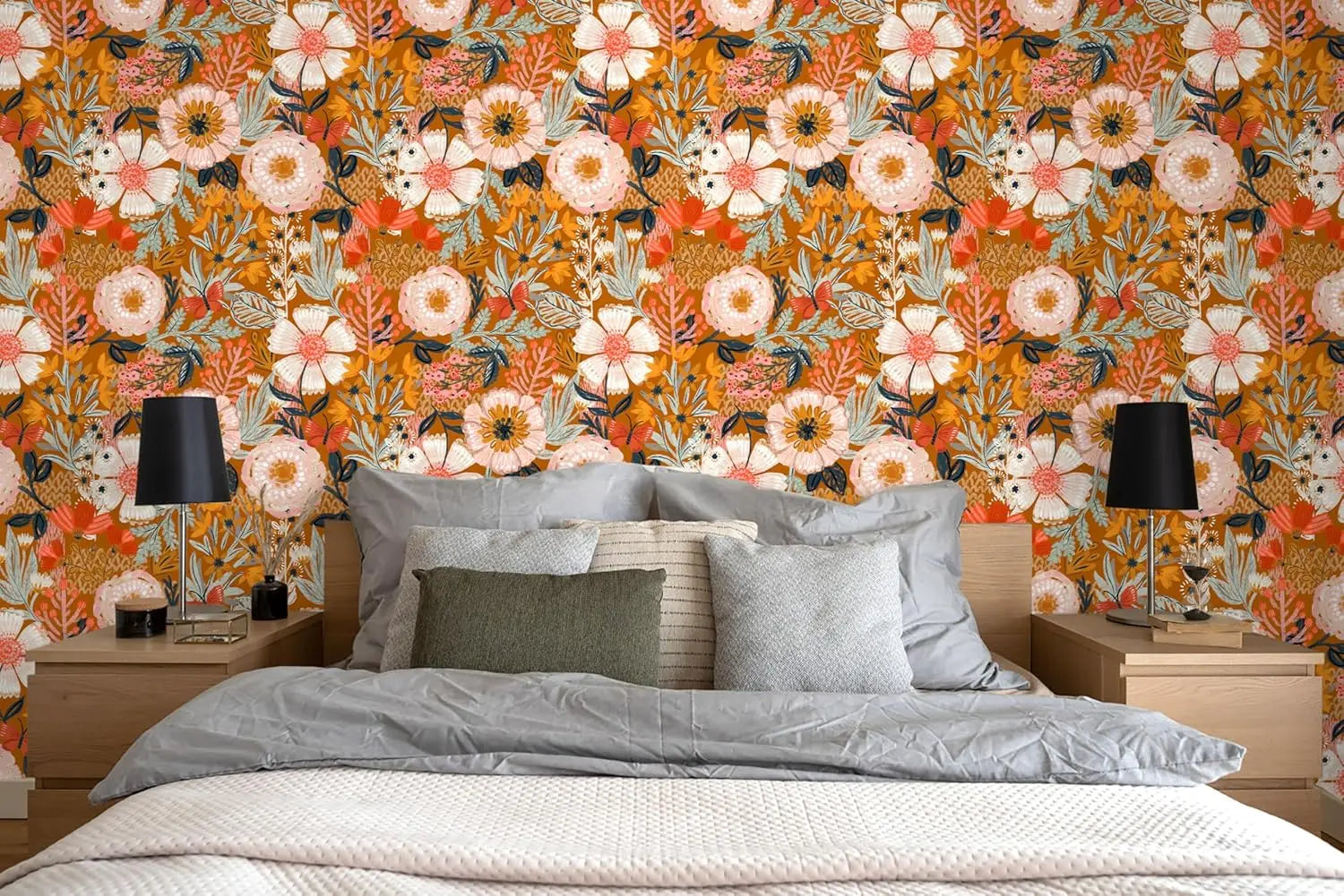 1pc Boho Peel and Stick Wallpaper Floral Self-adhesive Wallpapers Removable for Bedroom Orange/Pink Contact Paper