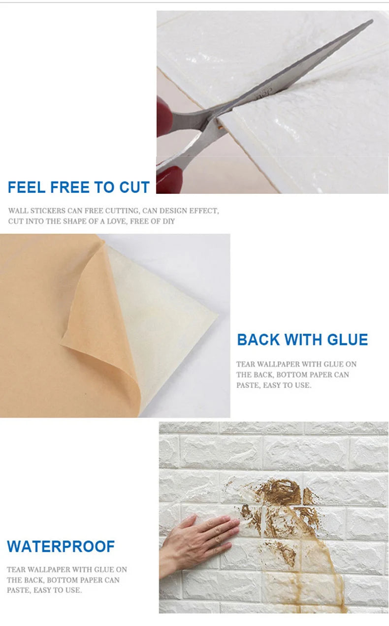 70cm*1m 3D Self-Adhesive decor Wallpaper Continuous Waterproof Brick Wall Stickers Living Room Bedroom old wall Home Decoration