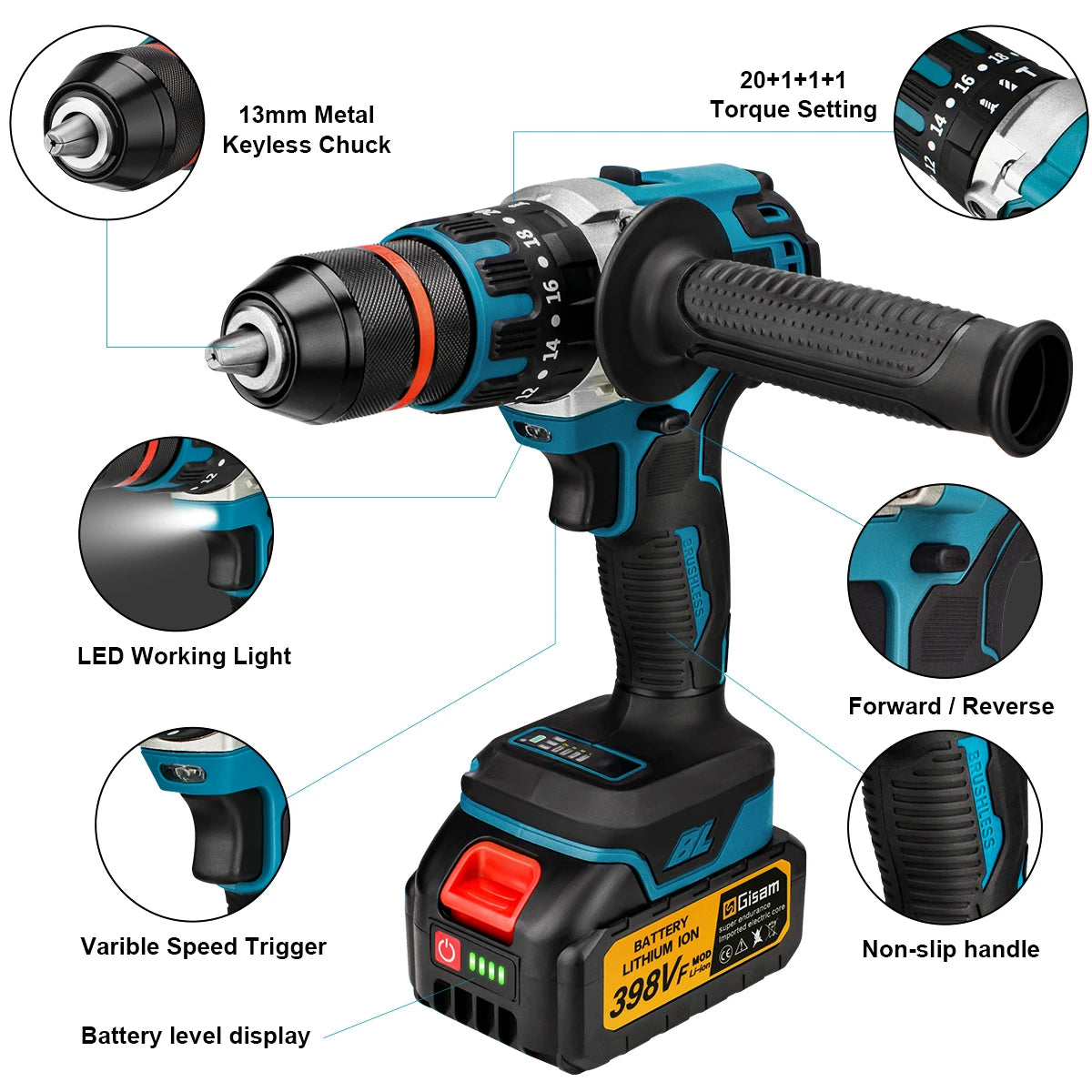 Máy Khoan Và Đập Không Dây Brushless 13MM 480NM Pin Sạc