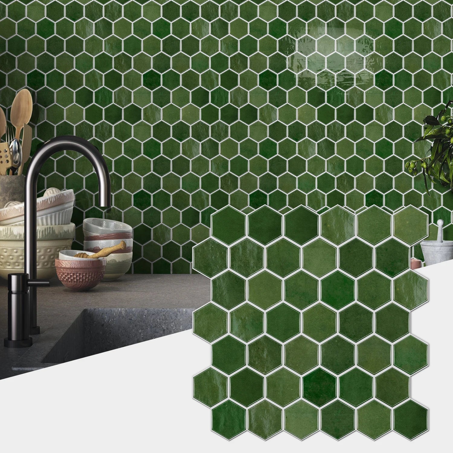 12PCS/Set Green Ceramic Tile Marble Waterproof Self-Adhesive PVC Wall Stickers, Kitchen Backsplash Oil Resistant Home Decoration