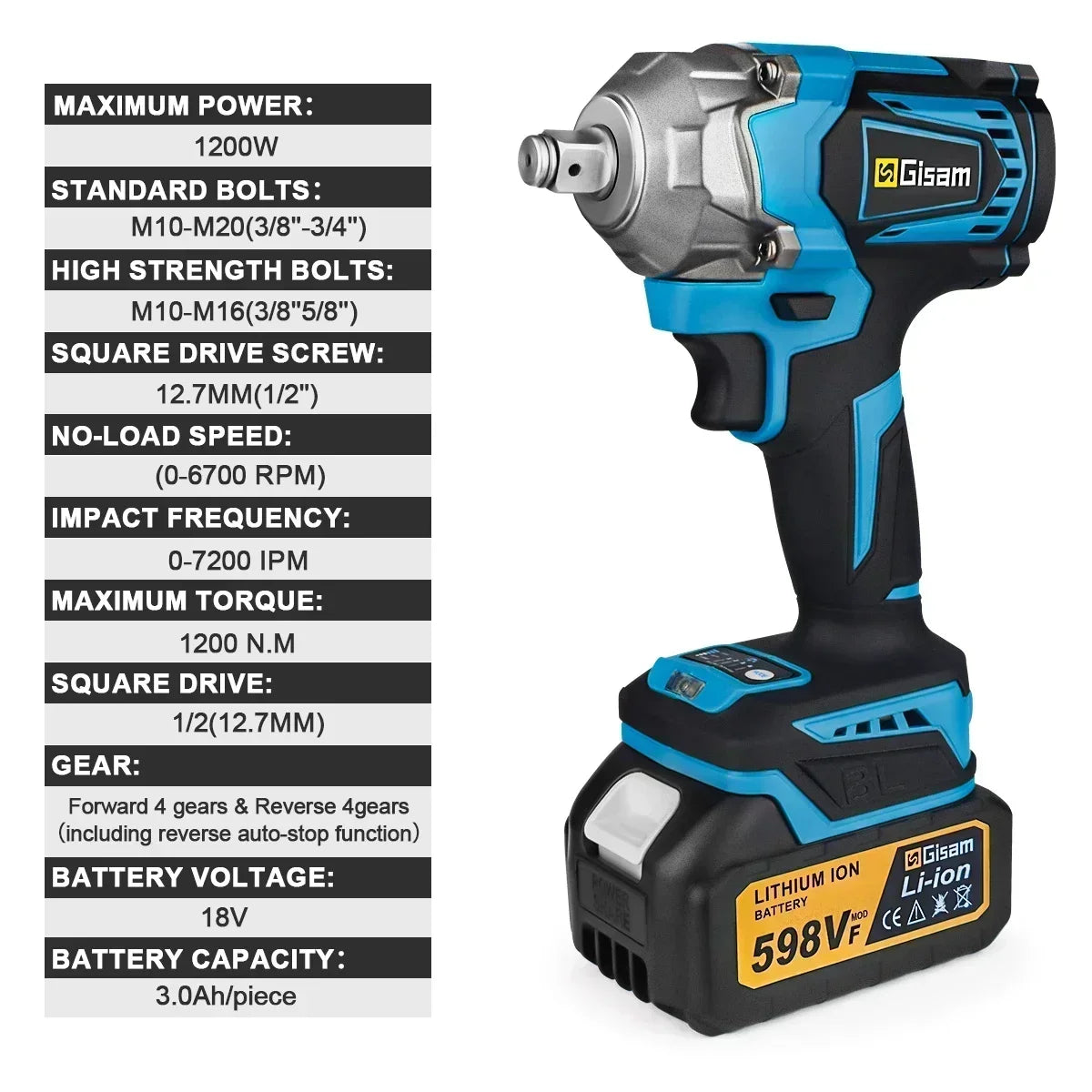 Gisam Impact Wrench Không Dây 1200Nm Makita 18V Pin