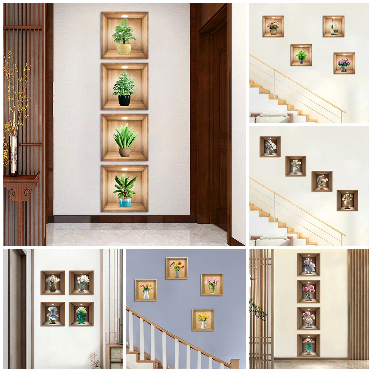 Bộ 4 Cây Giả Dán Tường Chậu Trang Trí PVC Không Thấm Nước