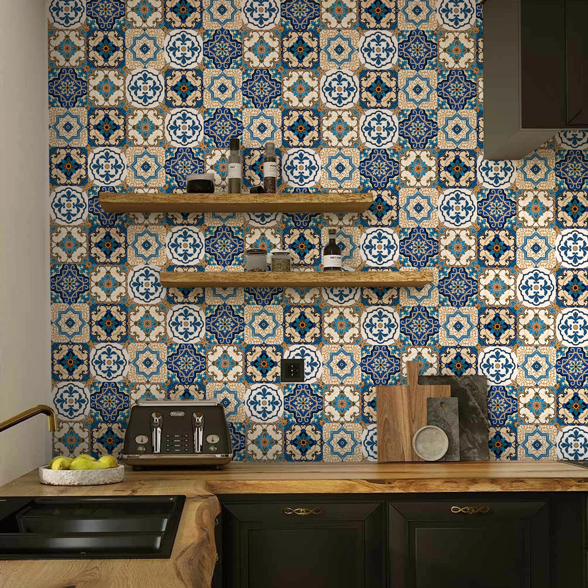 Tile Stickers Blue Brown Baroque Stylish Wallpaper Self Adhesive Wall Tiles Waterproof Bathroom Oil Resistant Kitchen Tiles DIY
