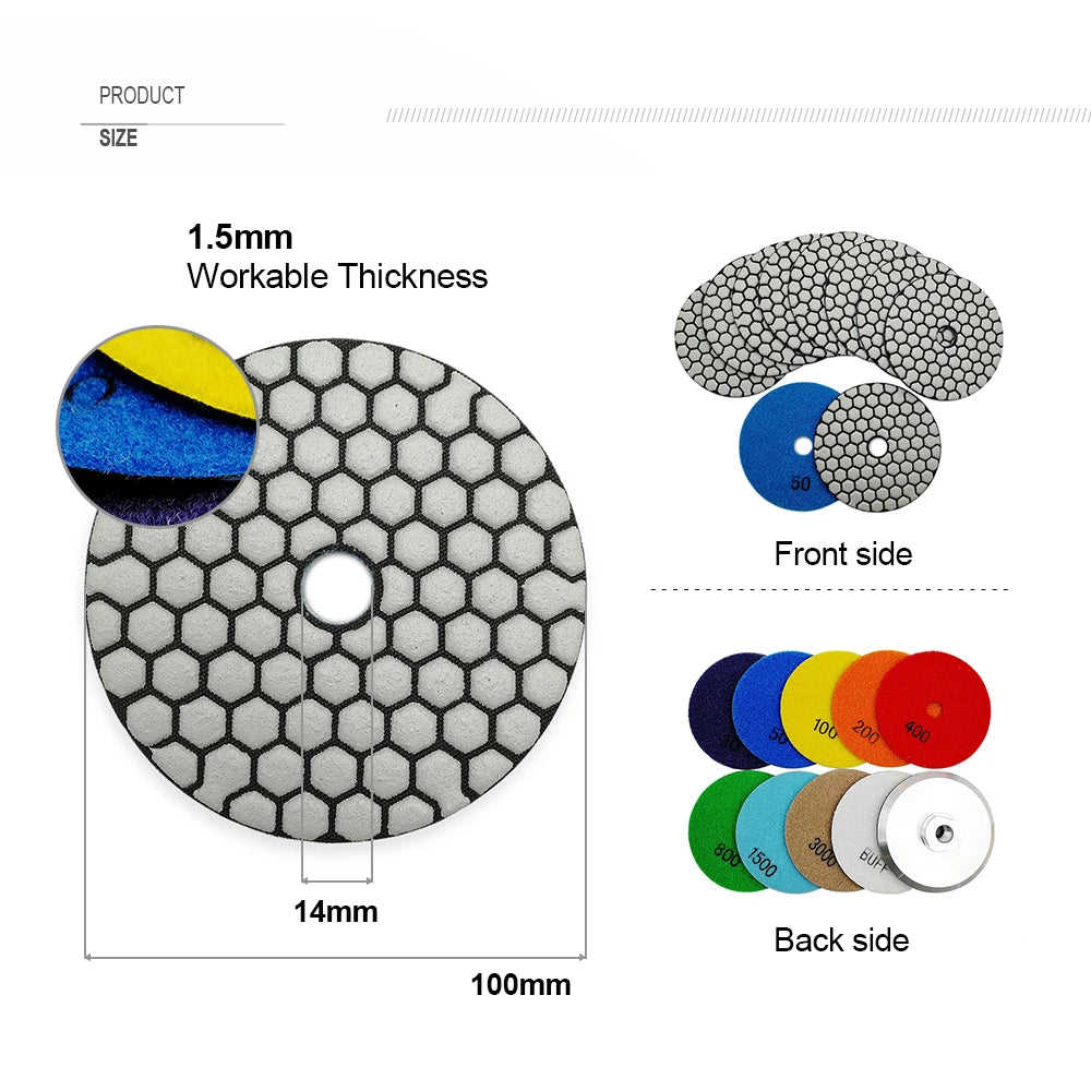 SHDIATOOL 7pcs 4"/100mm Diamond Dry Polishing Pad For Granite Marble Grit #50 Sanding Disc Stone Sanding Disk Stone Polisher Pad