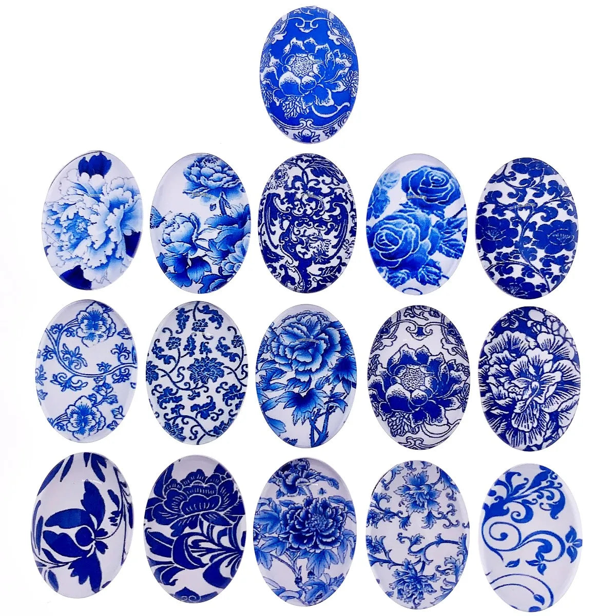 13x18mm 18x25mm 30x40mm Random Mixed Blue and White Porcelain Oval Glass Cabochon Flatback Photo Base Tray Blank DIY Accessories